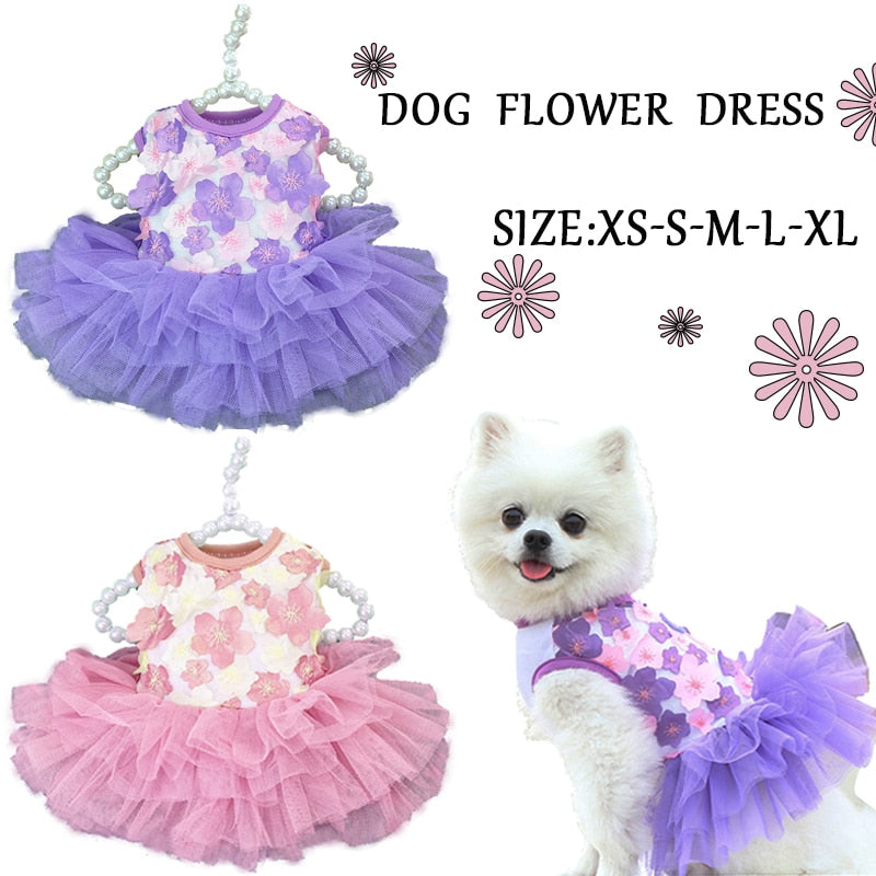 Small Pet Dog Lace Chiffon Flowers Fashion Wedding Dress Summer Cute Costume Clothes